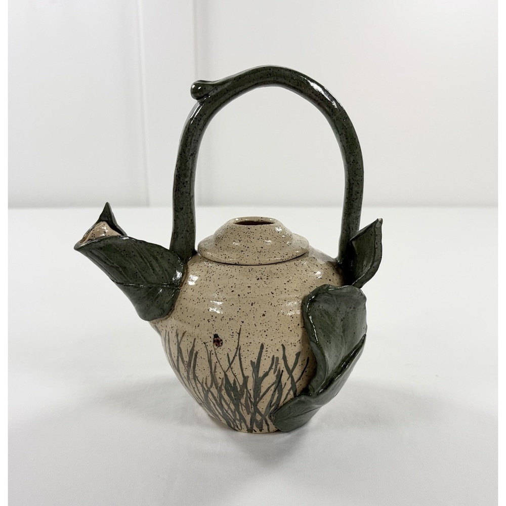 Vtg 80s Natalie Signed Studio Pottery Ladybug Teapot 3D Leaf Twig Whimsical Art
